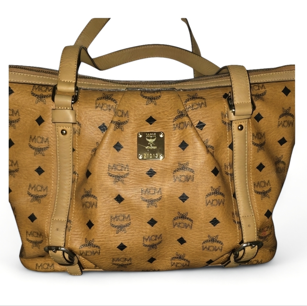 Authentic MCM Visetos Cognac Tote Bag With Long Strap Included